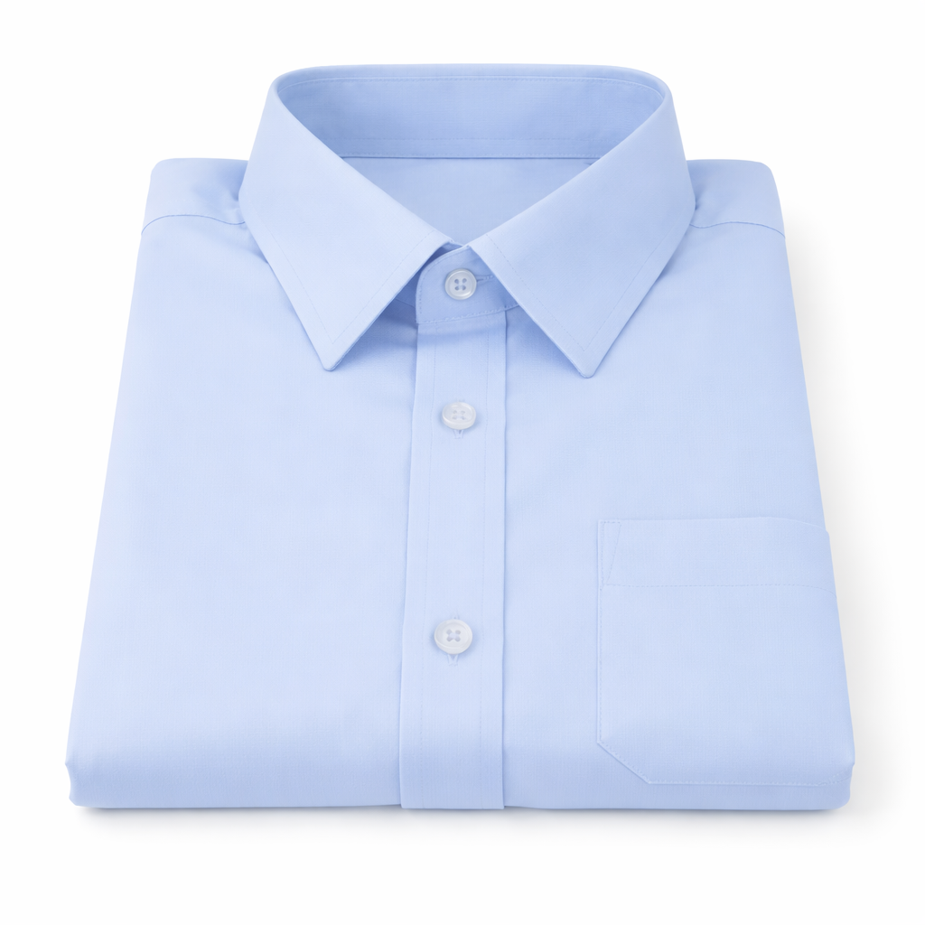 Folded light blue dress shirt on a white background