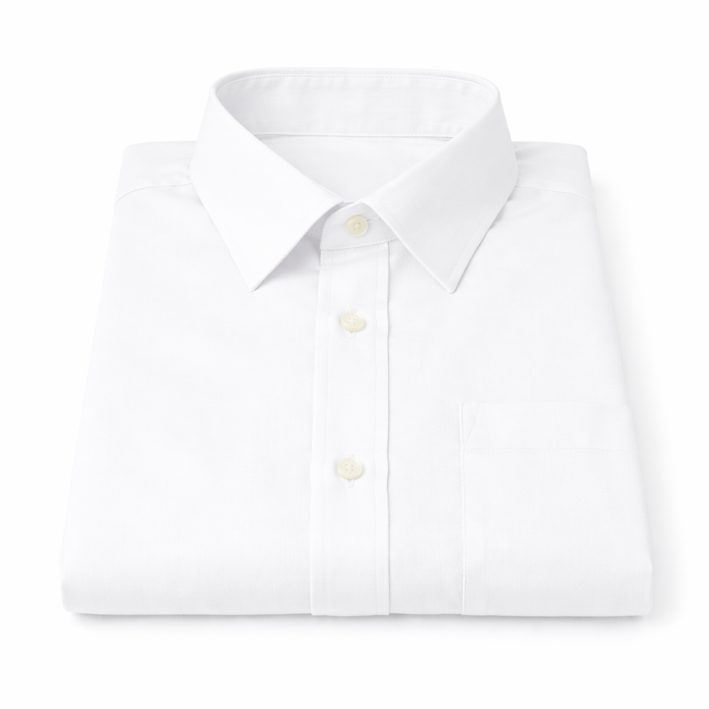 White dress shirt with collar and buttons on a white background