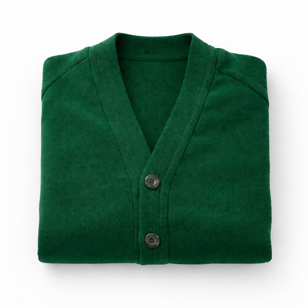 Folded green cardigan with buttons on a white background