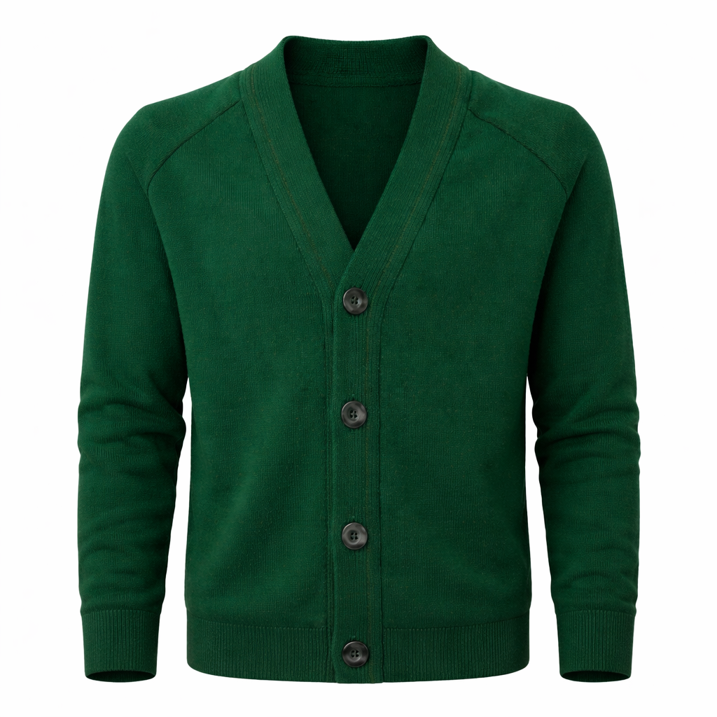 Green cardigan with buttons on a white background