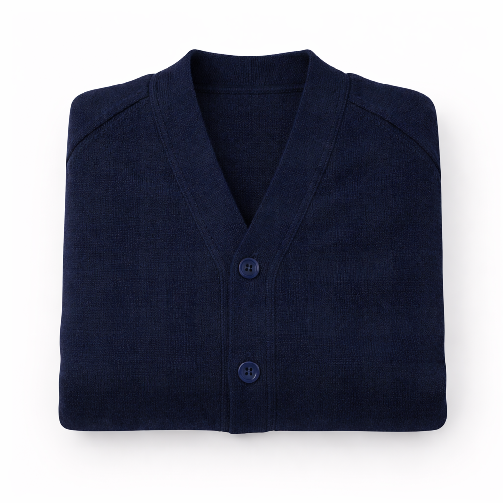 Folded navy blue cardigan on a white background