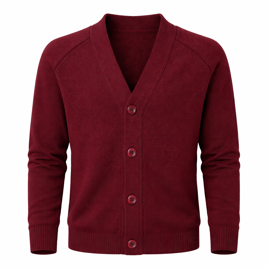 Maroon cardigan with buttons on a white background