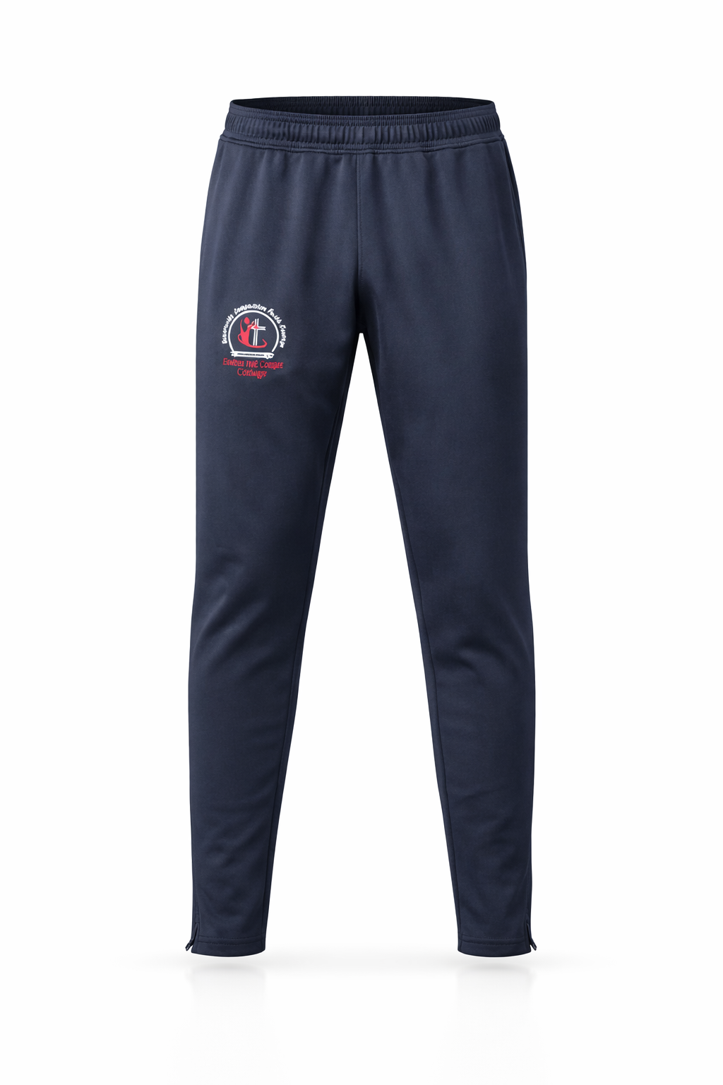 Navy tracksuit pants with a logo on a white background