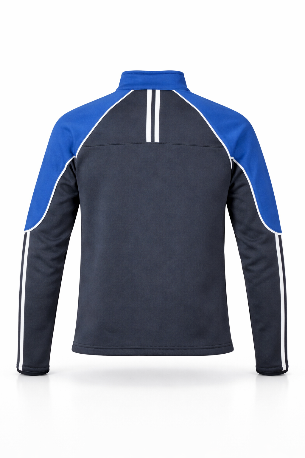 Back view of a black and blue jacket with white stripes on a white background