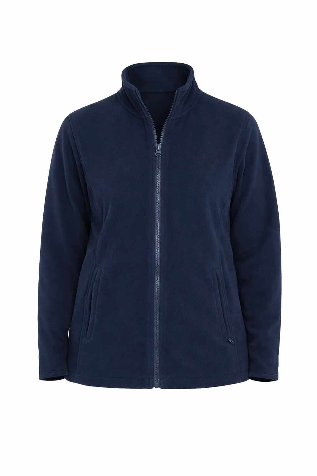 Navy blue fleece jacket on a white background