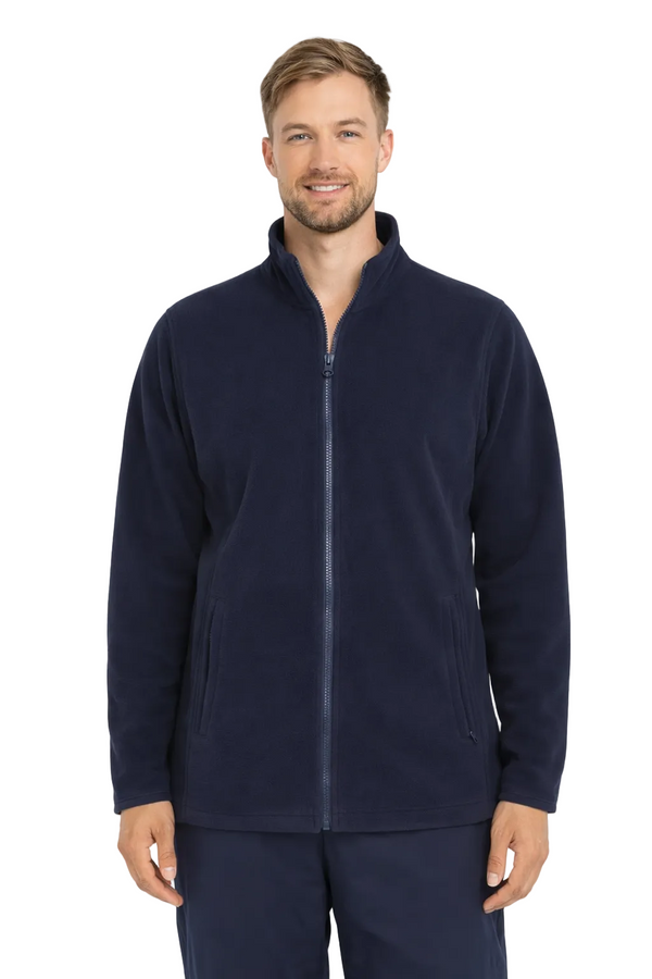 Man wearing a navy fleece jacket on a white background