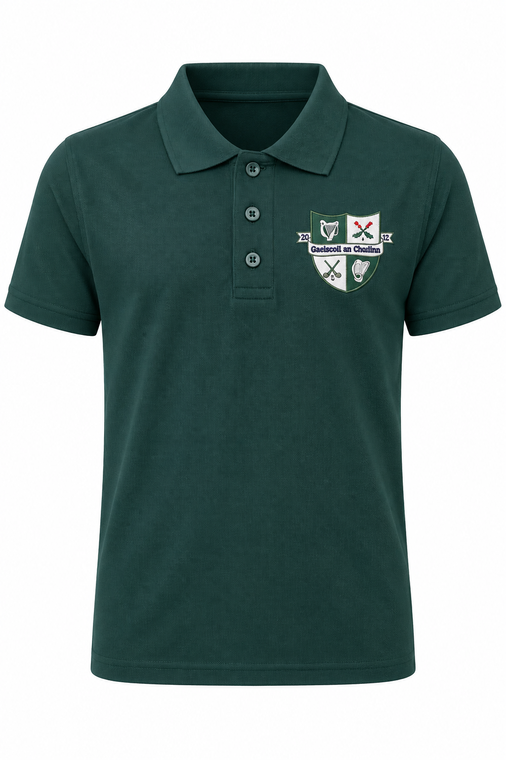 A dark green short-sleeve polo shirt with a three-button placket and a school crest embroidered on the left chest, displayed on a clean white background.