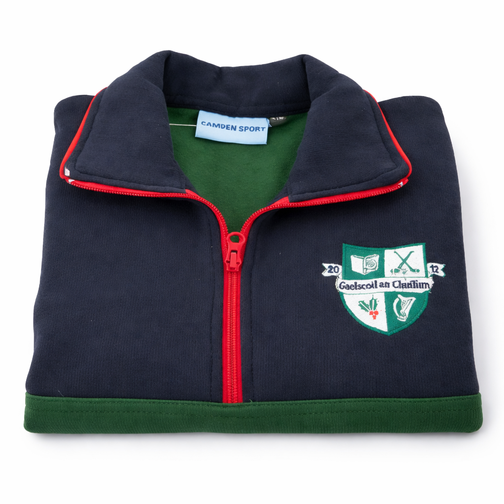 Folded navy blue jacket with red zipper and green collar on a white background
