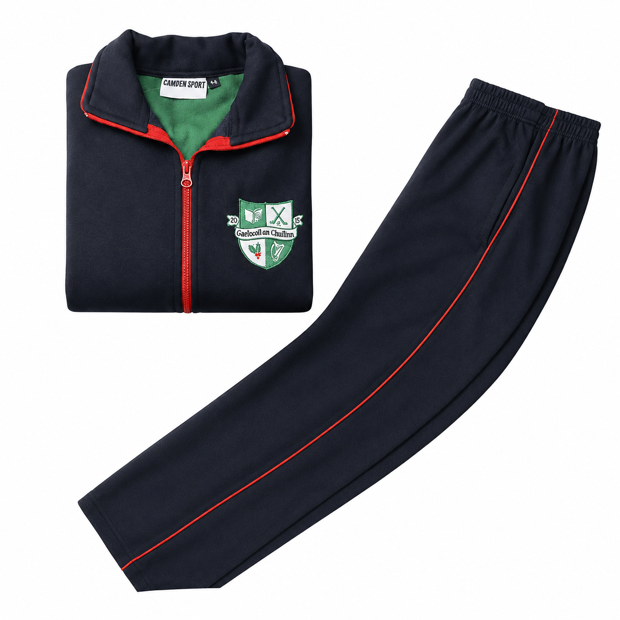A navy blue tracksuit set consisting of a folded zip-up jacket and matching pants on a white background. The jacket features a green inner collar, red piping, a red zipper, and a school crest on the chest.
