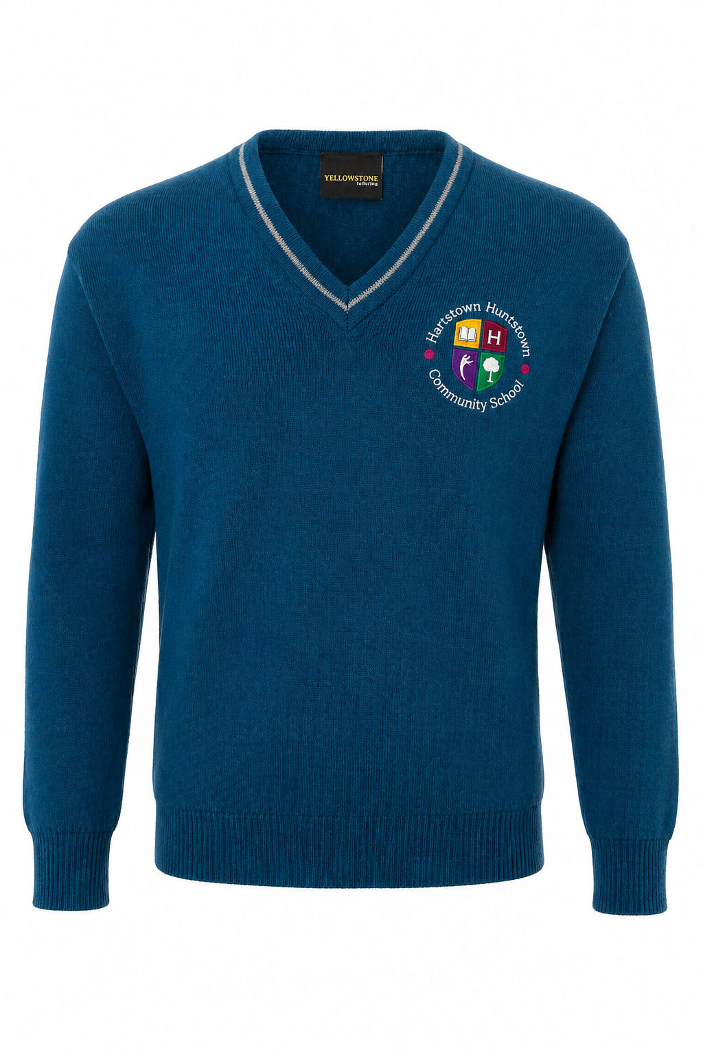 Blue sweater with a school logo on a white background