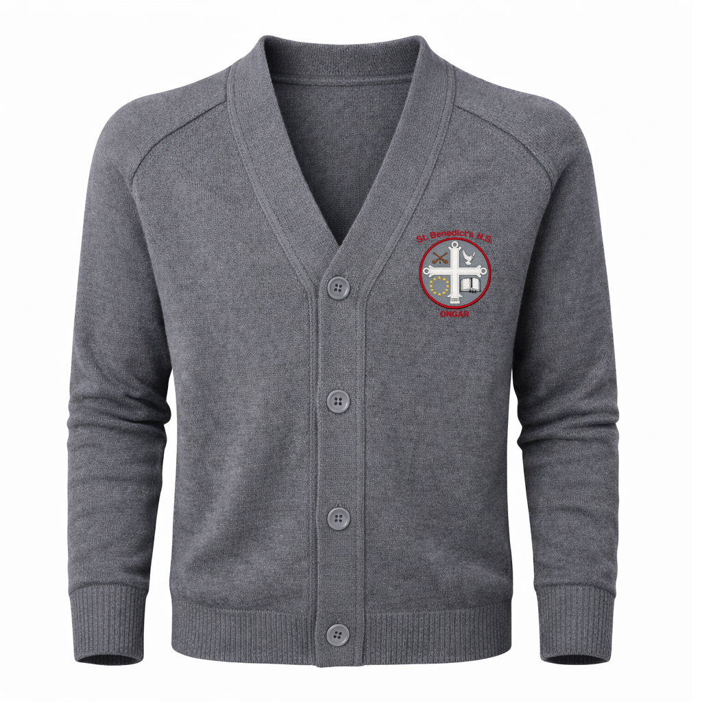 Gray cardigan with a logo on the chest against a white background