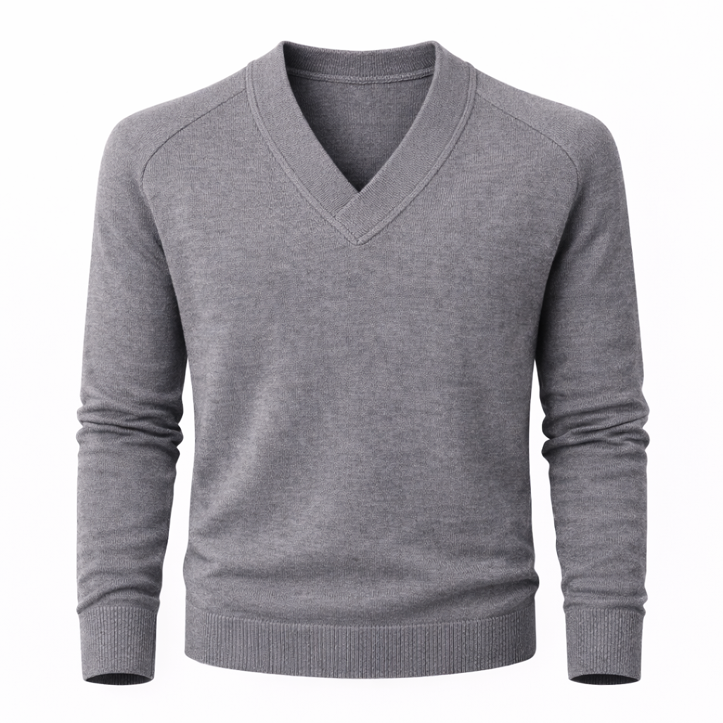 Gray V-neck sweater on a white background