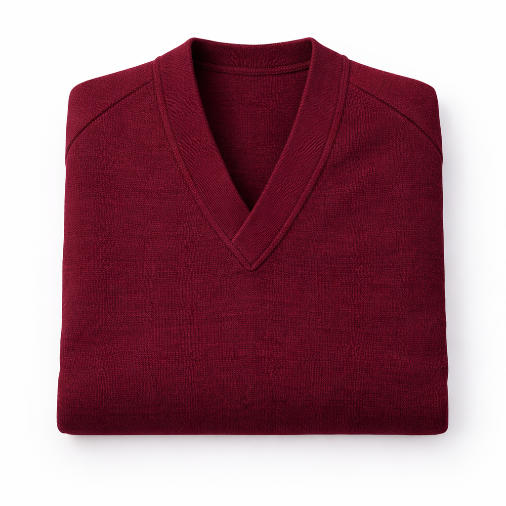 Folded maroon sweater on a white background