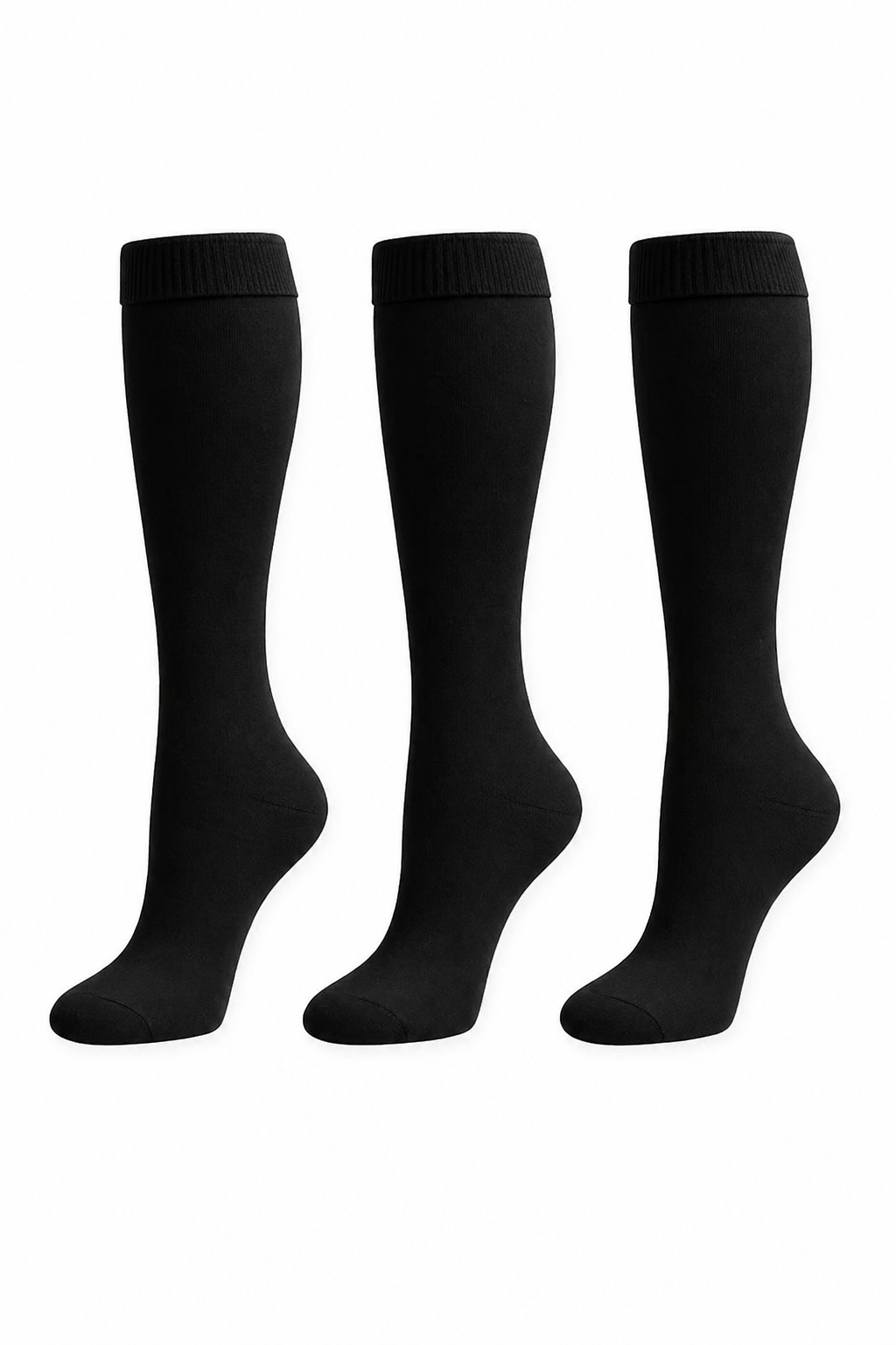 Three black knee-high socks on a white background