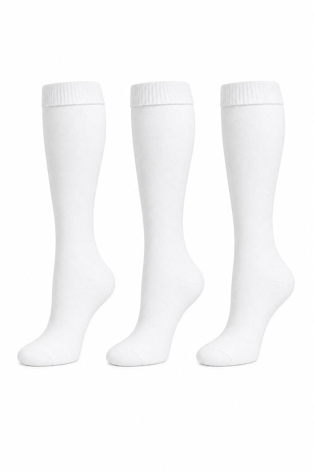 Three pairs of white knee-high socks on a white background