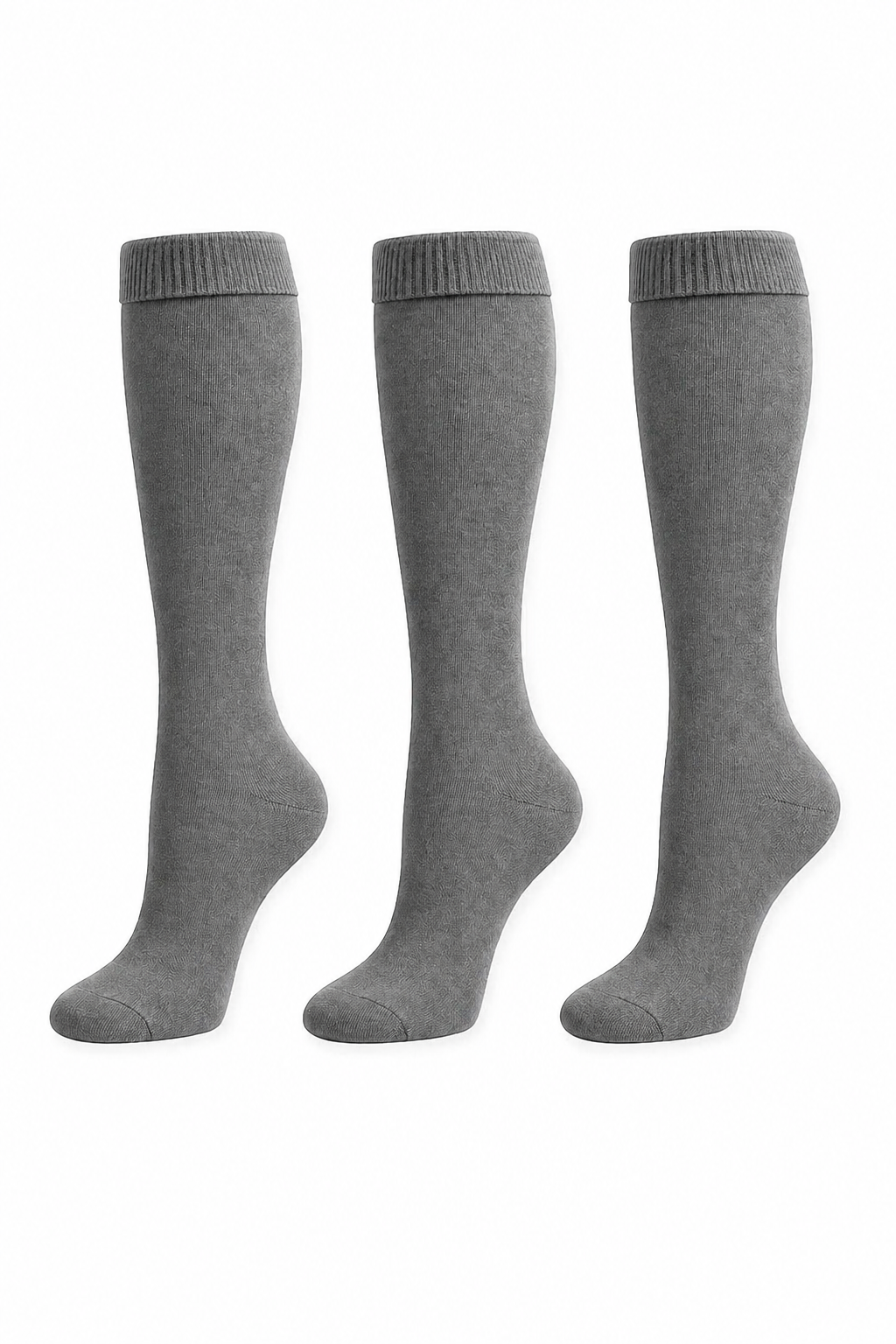 Three black knee-high socks on a white background