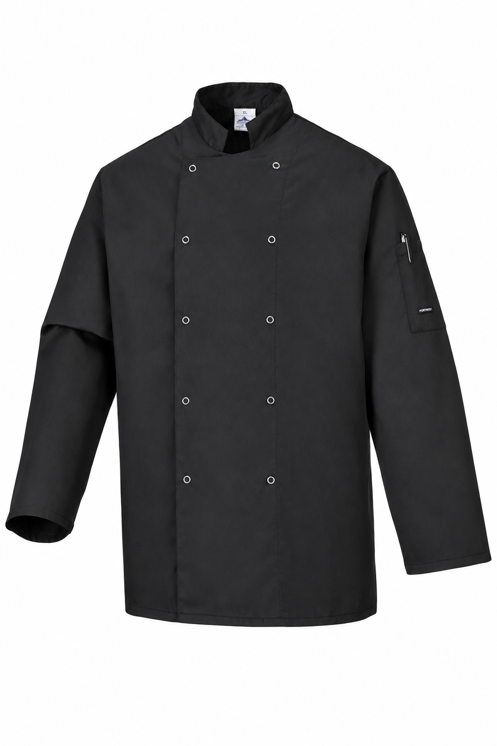 A black long-sleeve chef jacket with a double-breasted snap closure, stand collar, and a zippered sleeve pocket, shown against a plain white background.