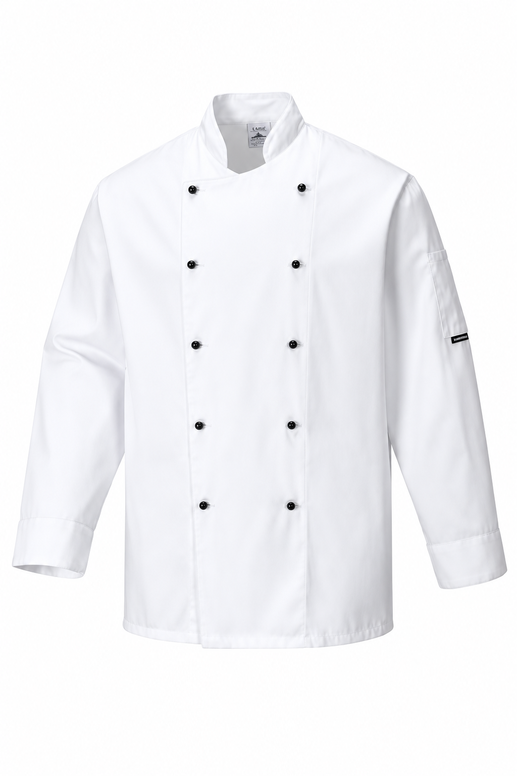 A white long-sleeve chef jacket with a double-breasted front, black buttons, and a stand-up collar, shown against a plain white background.