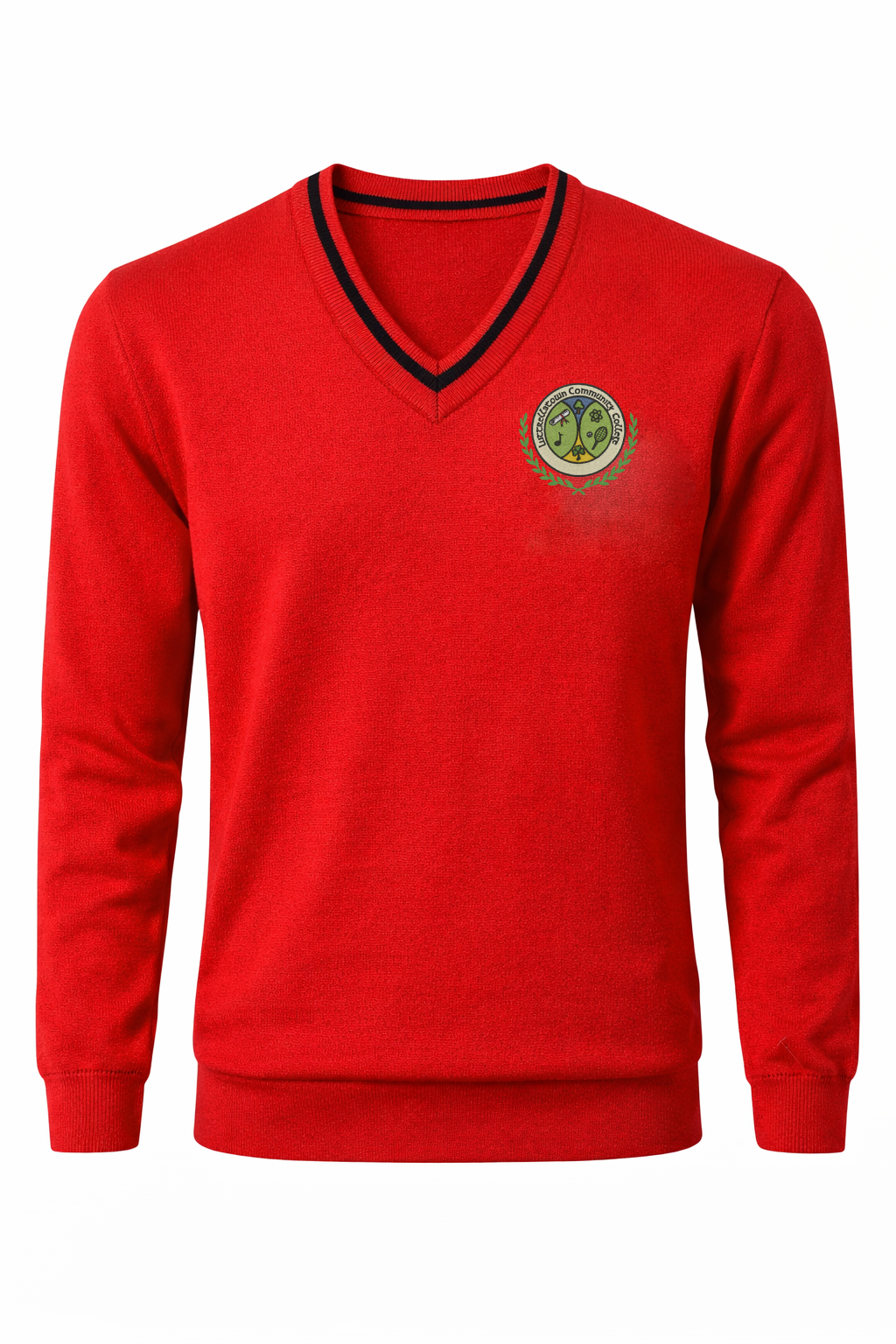 A red long-sleeve V-neck sweater with black trim on the collar and a circular green and gold crest on the left chest, shown against a plain white background.