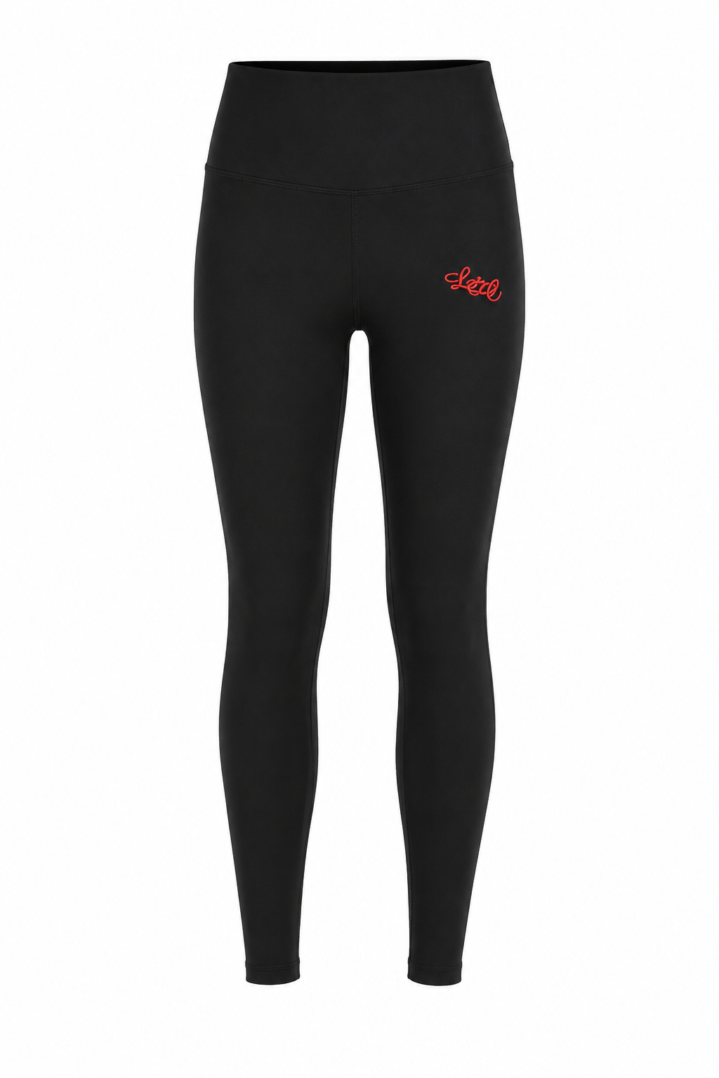 Black high-waisted leggings with a small red script logo on the upper right hip, displayed on a clean white background.