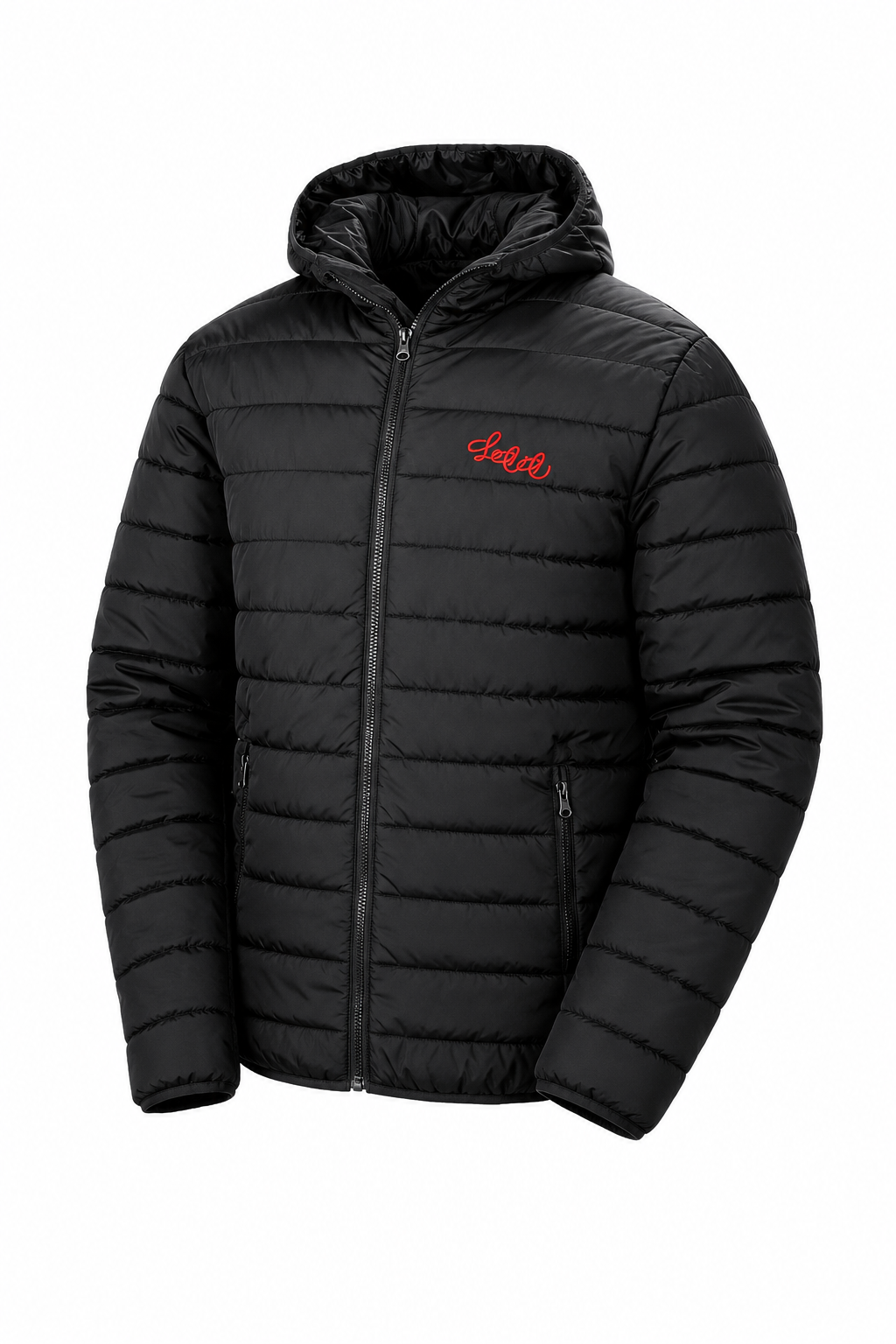 A black hooded puffer jacket with horizontal quilting, a front zipper, and a red embroidered script logo on the left chest, shown against a plain white background.