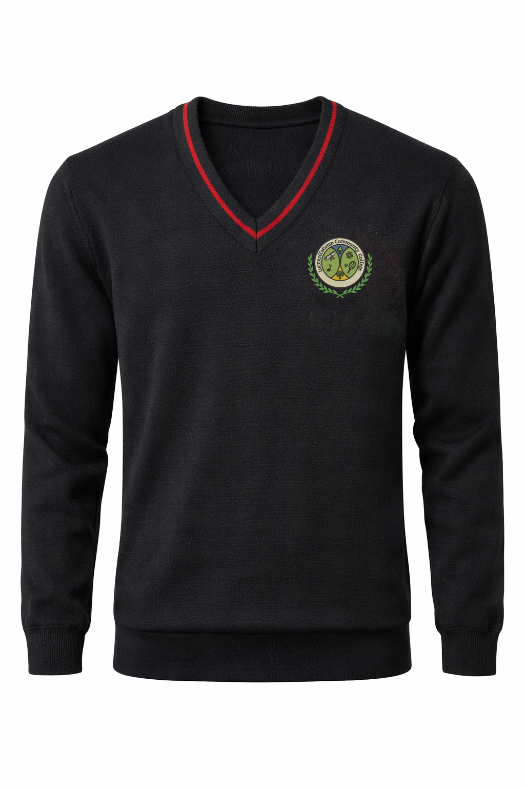 A black long-sleeve V-neck sweater with red trim along the collar and a green and gold embroidered crest on the left chest, shown against a plain white background.