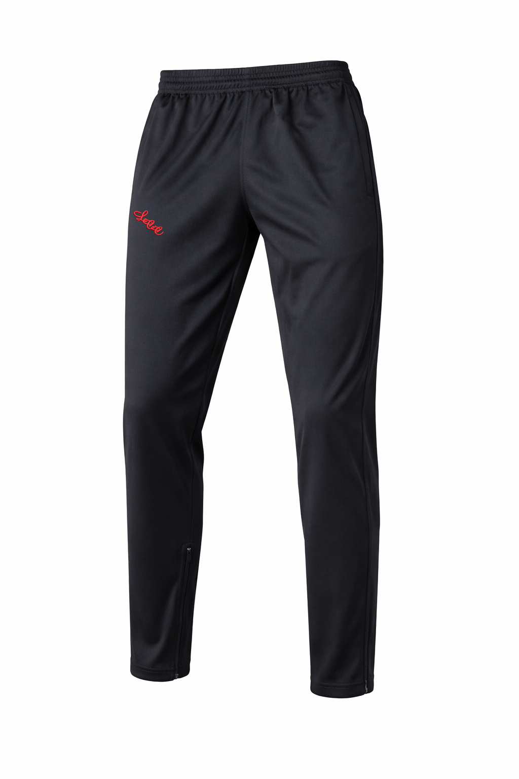 Black athletic pants with an elastic waistband and a small red logo on the left thigh, shown against a plain white background.