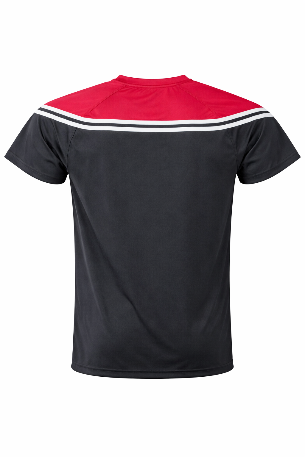 Black t-shirt with red and white striped shoulders on a white background