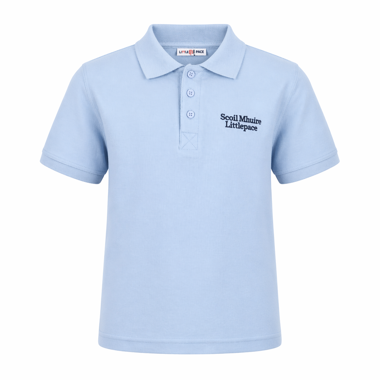 Light blue polo shirt with text on a white background