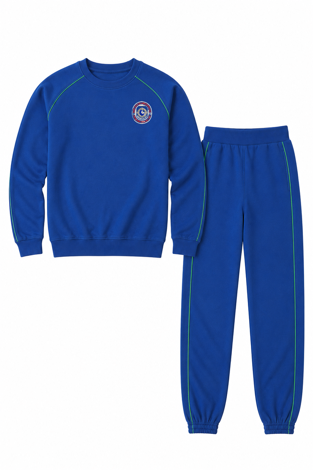 A two-piece kids' tracksuit set in royal blue, featuring a long-sleeve sweatshirt with a circular crest on the left chest and matching jogger pants with side stripes, displayed on a clean white background.