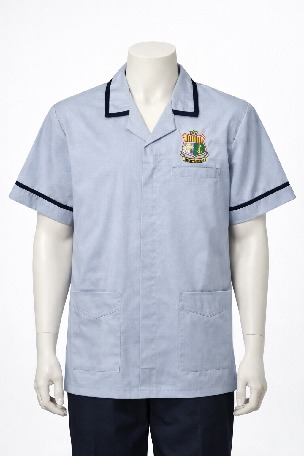 Light blue shirt with dark trim on a mannequin against a white background