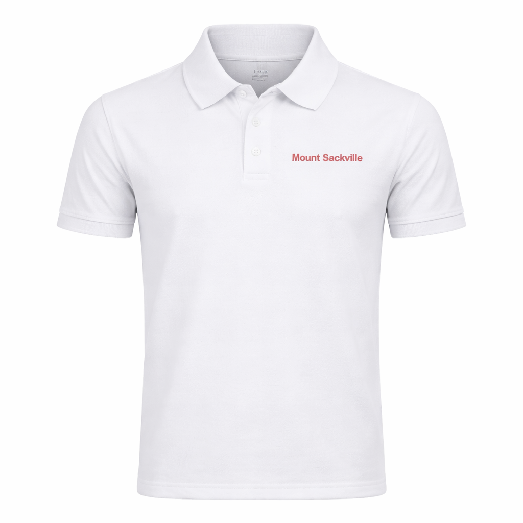 White polo shirt with 'Mount Sackville' text on a white background