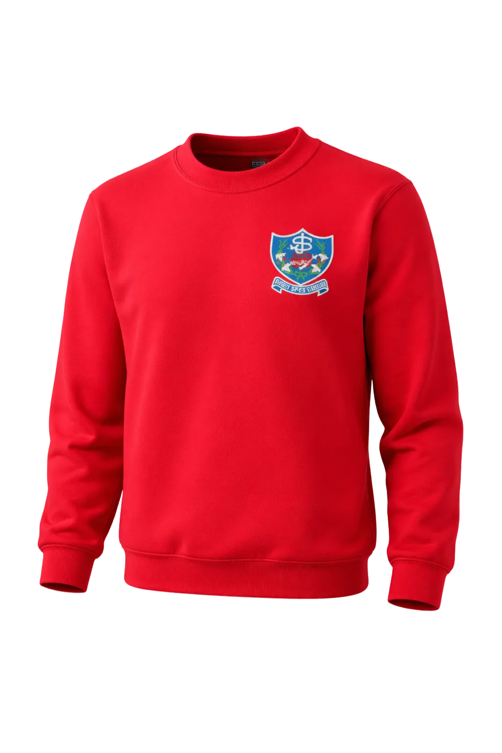 Red sweatshirt with a logo on a white background