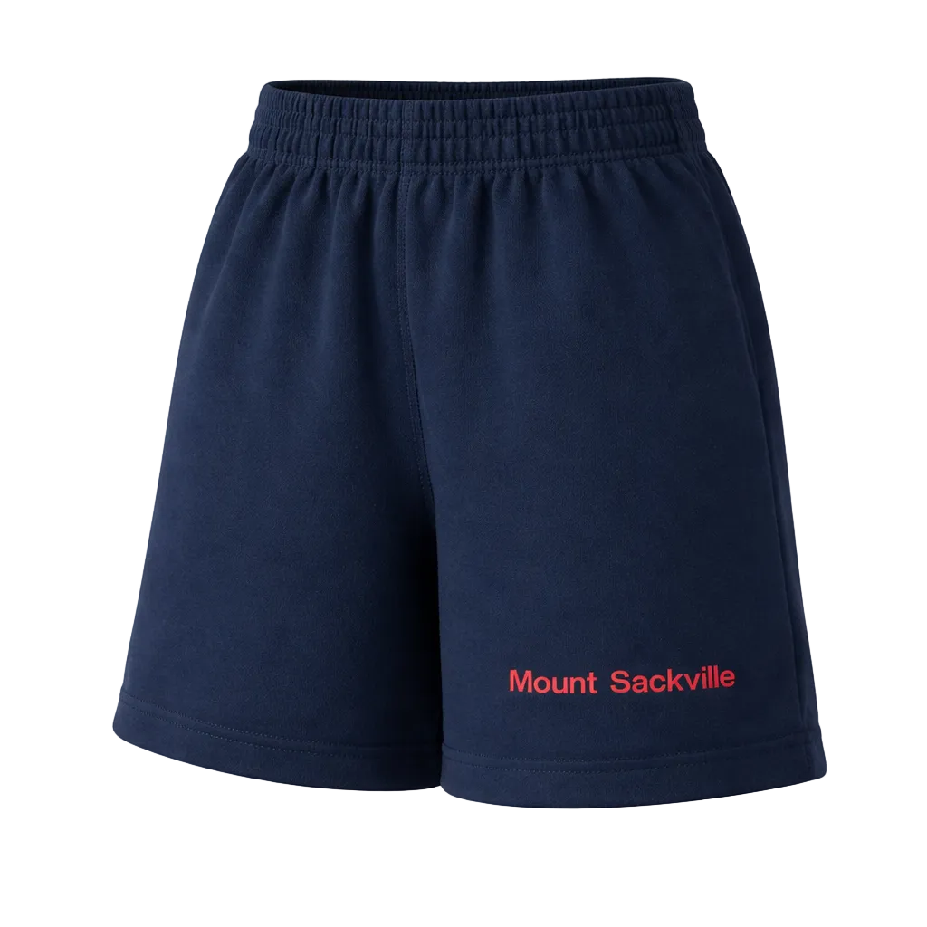 Navy shorts with 'Mount Sackville' text on a white background