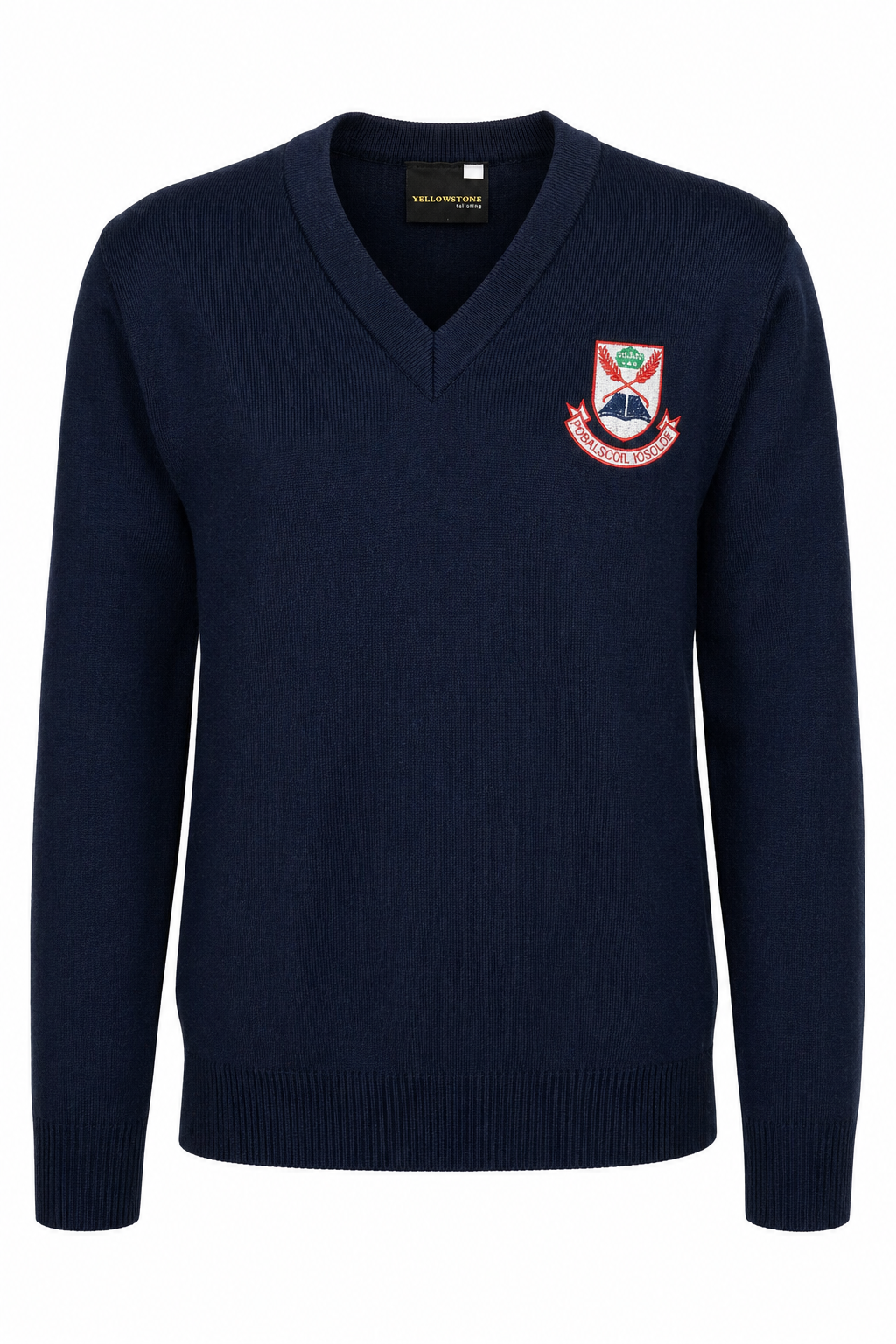 Navy blue sweater with a logo on a white background