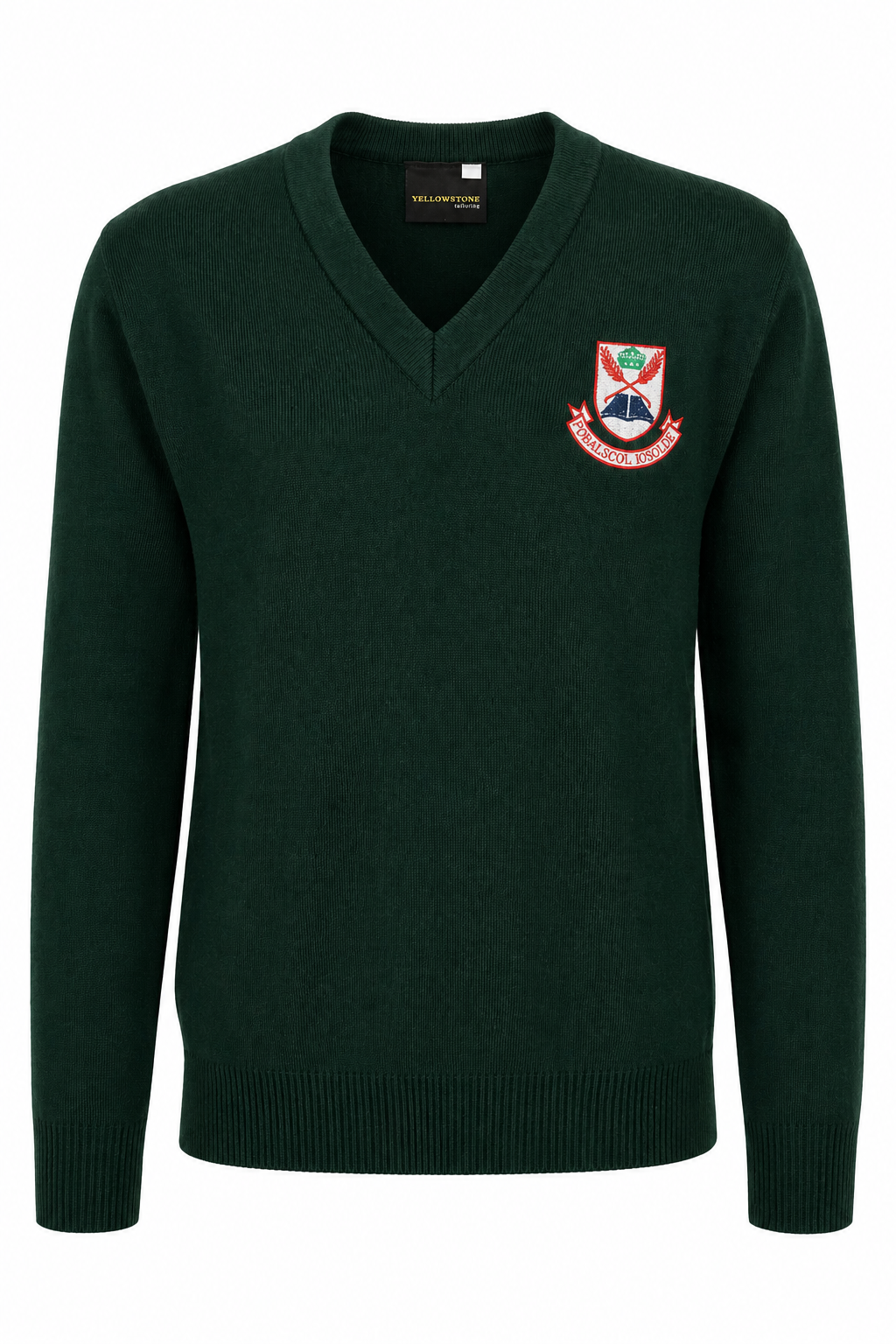 Green sweater with a logo on a white background