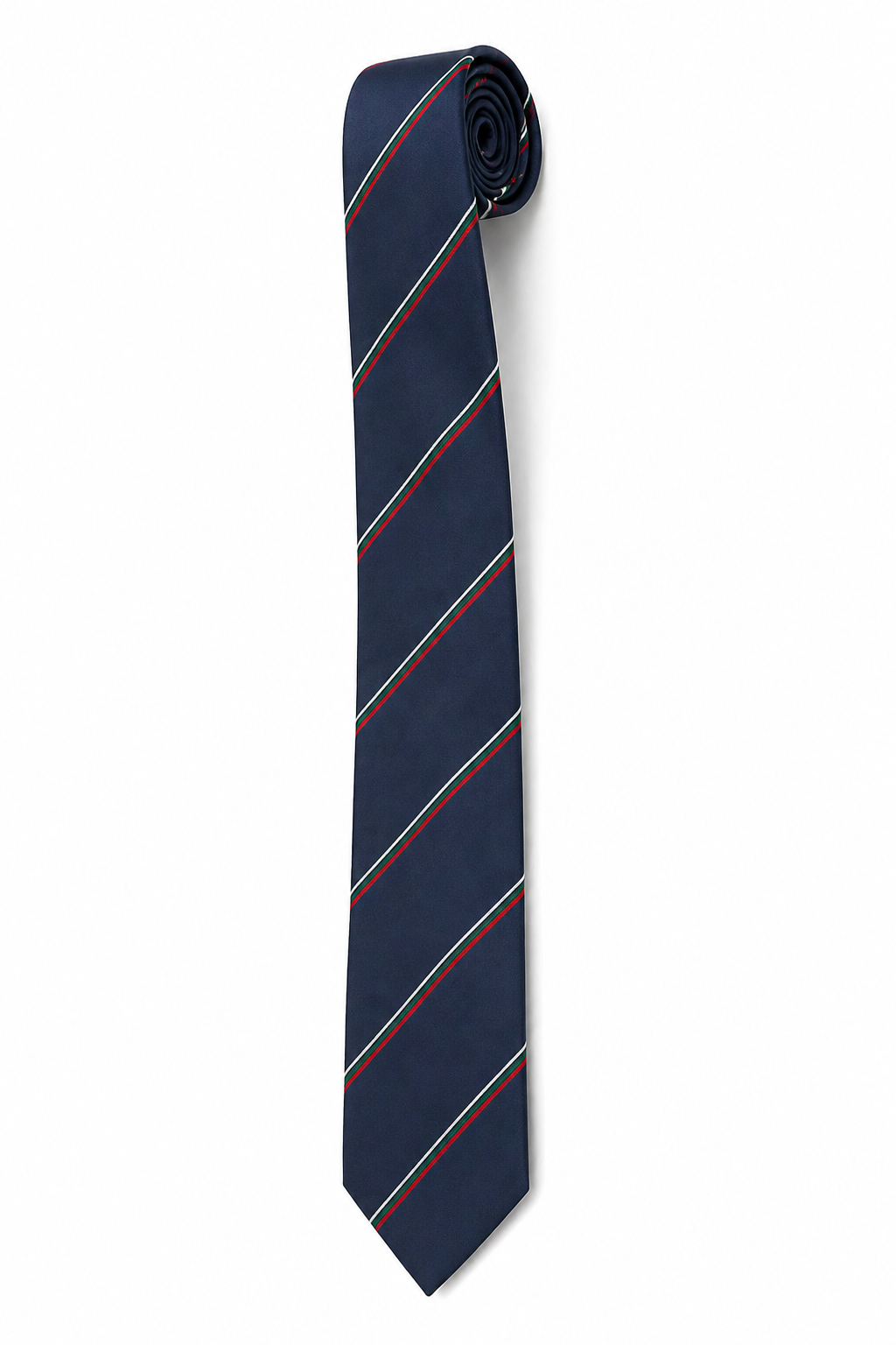 Navy striped tie on a white background