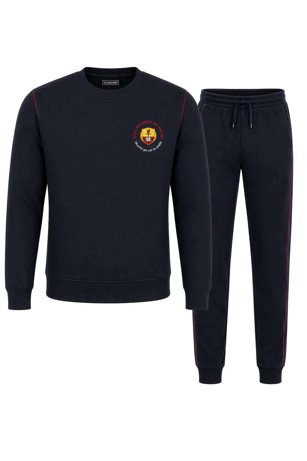 Navy tracksuit with a logo on the chest against a white background