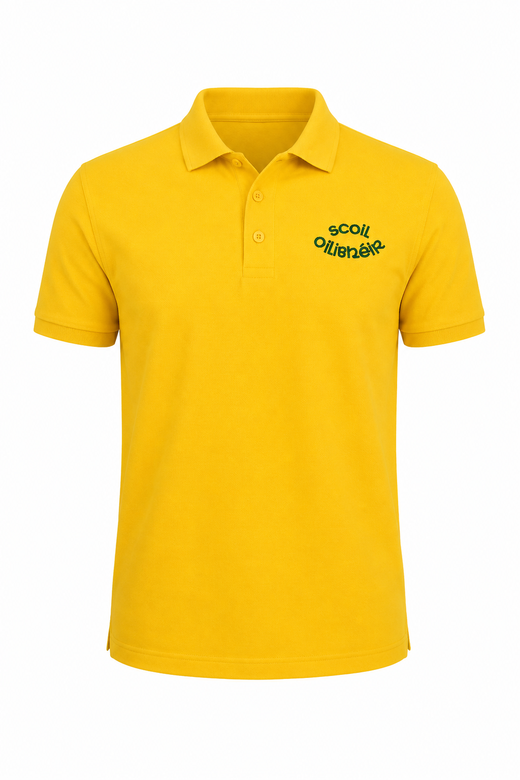 A bright yellow short-sleeve polo shirt with a small green embroidered 'scott olivander' logo on the left chest, displayed on a clean white background.