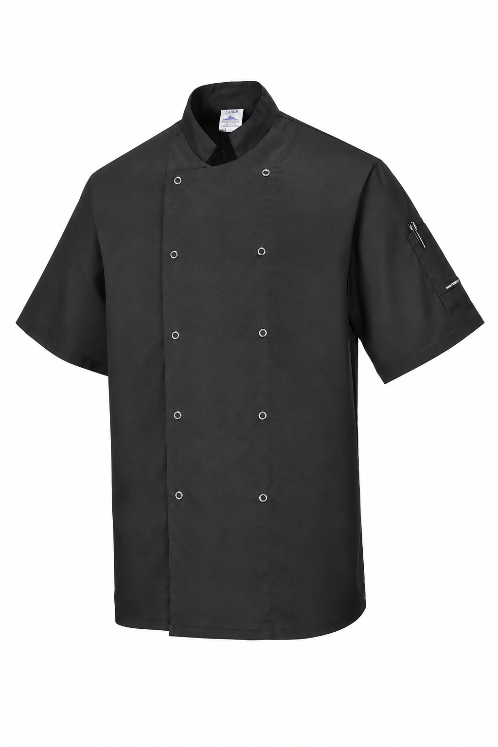 Black scrub top with a V-neck and front pocket on a white background