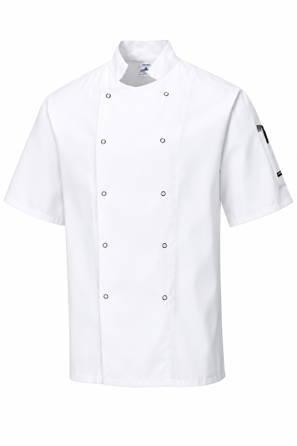 A white short-sleeve chef jacket with double-breasted snap buttons, a pointed collar, and a small black logo patch on the left sleeve, shown against a plain white background.