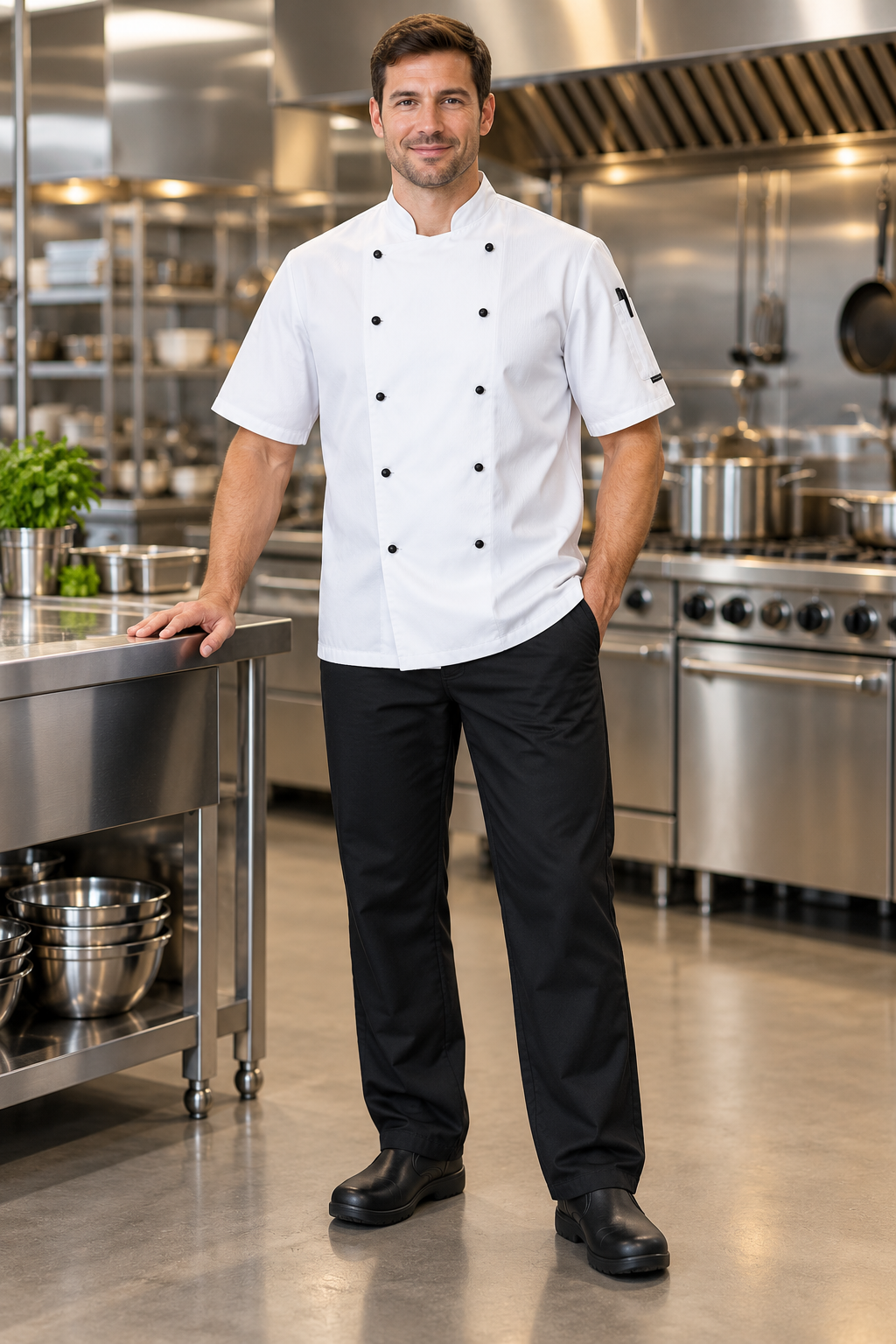 A man wearing a white short-sleeve chef jacket with black buttons and black pants stands in a professional stainless steel commercial kitchen.