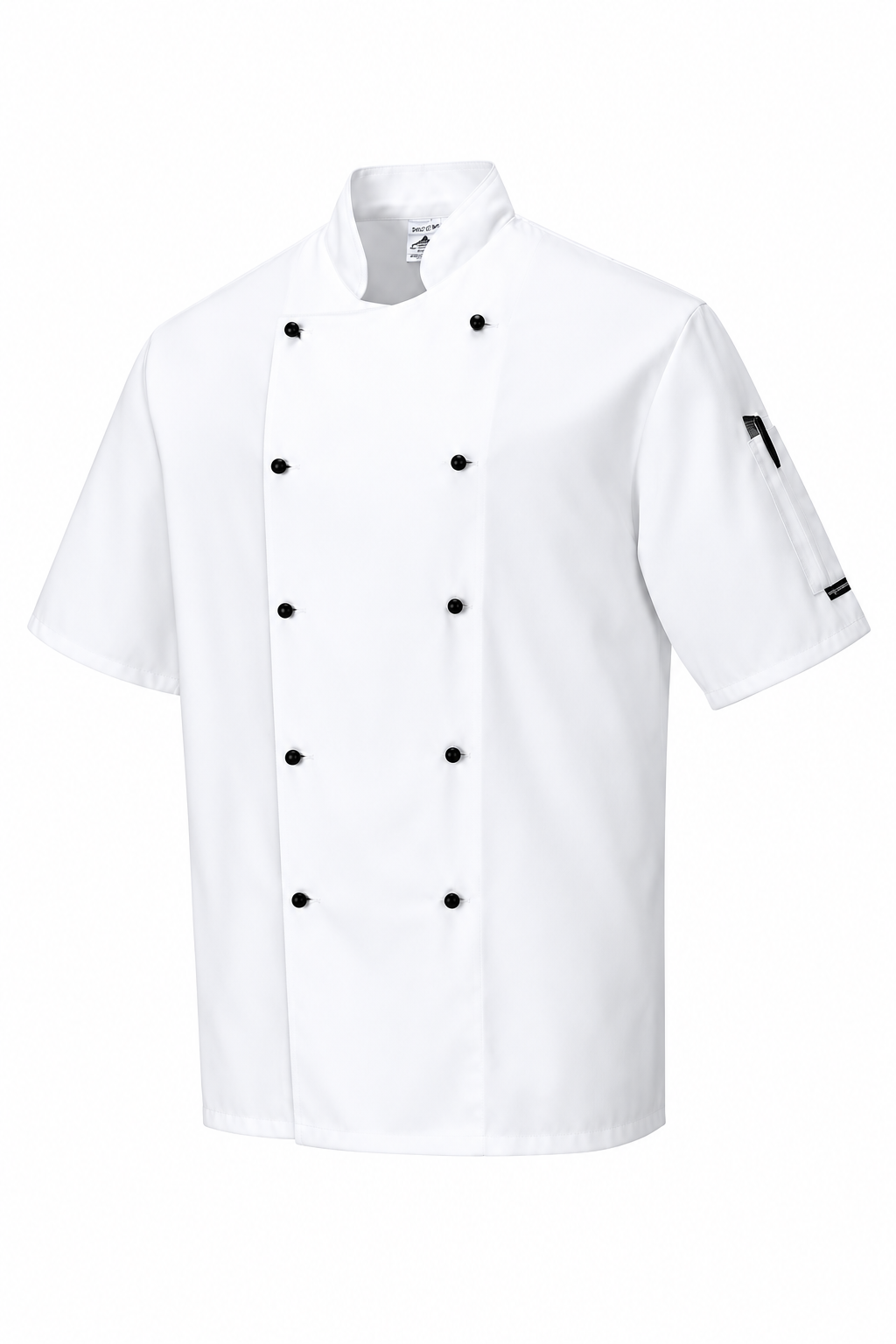 A white short-sleeve chef jacket with a double-breasted front, black buttons, and a black sleeve patch, shown against a plain white background.