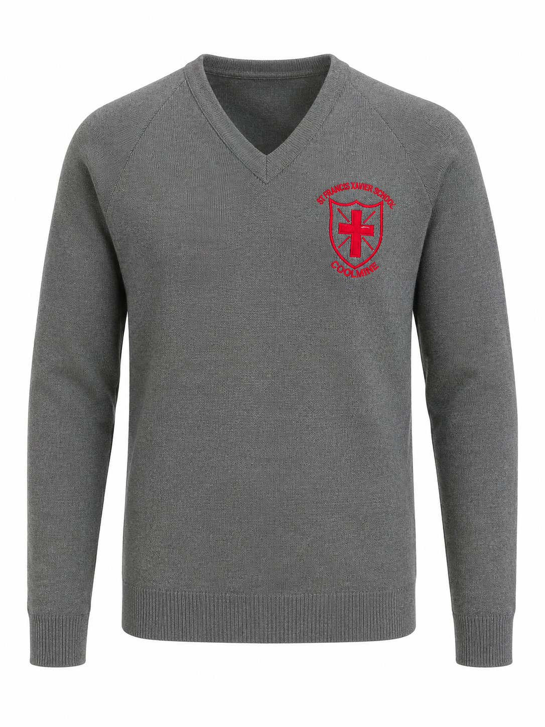 A gray long-sleeve V-neck knit sweater with a red embroidered school crest on the left chest, displayed on a clean white background.