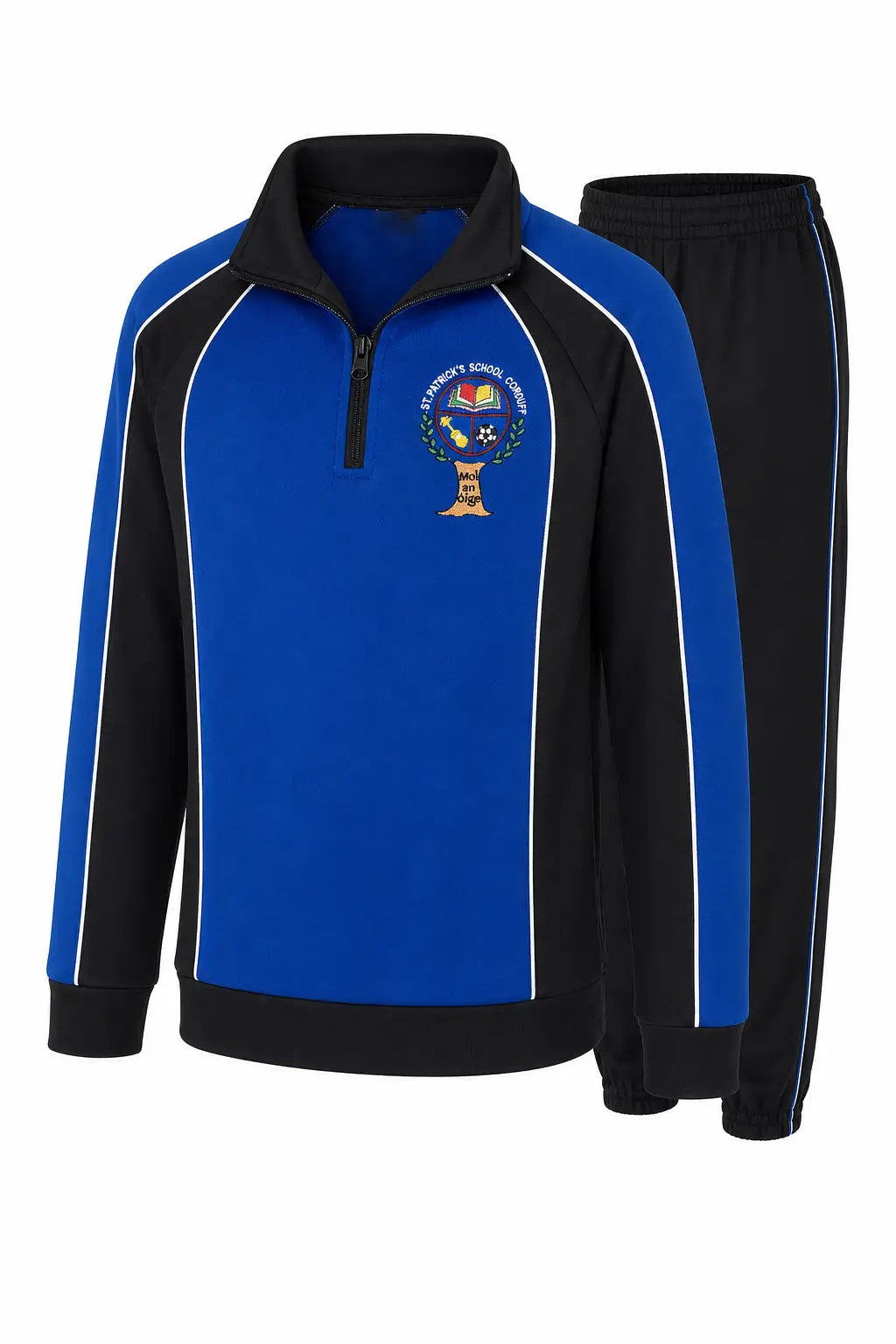 Blue and black tracksuit with a logo on the chest against a white background