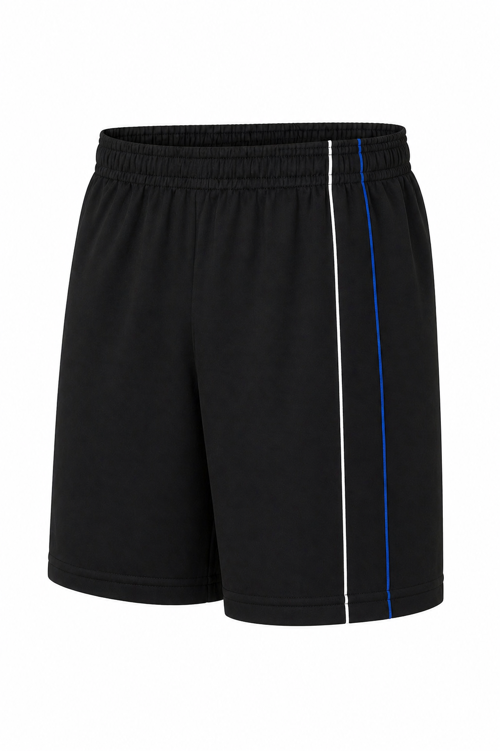 Black shorts with a blue stripe on a white background