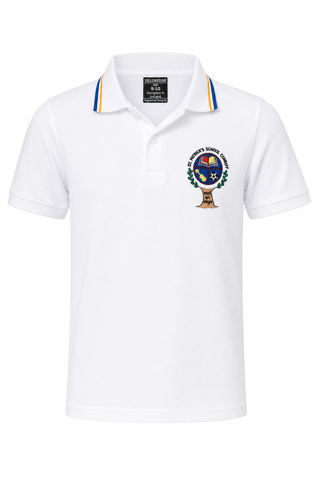 White polo shirt with a logo on the chest against a white background
