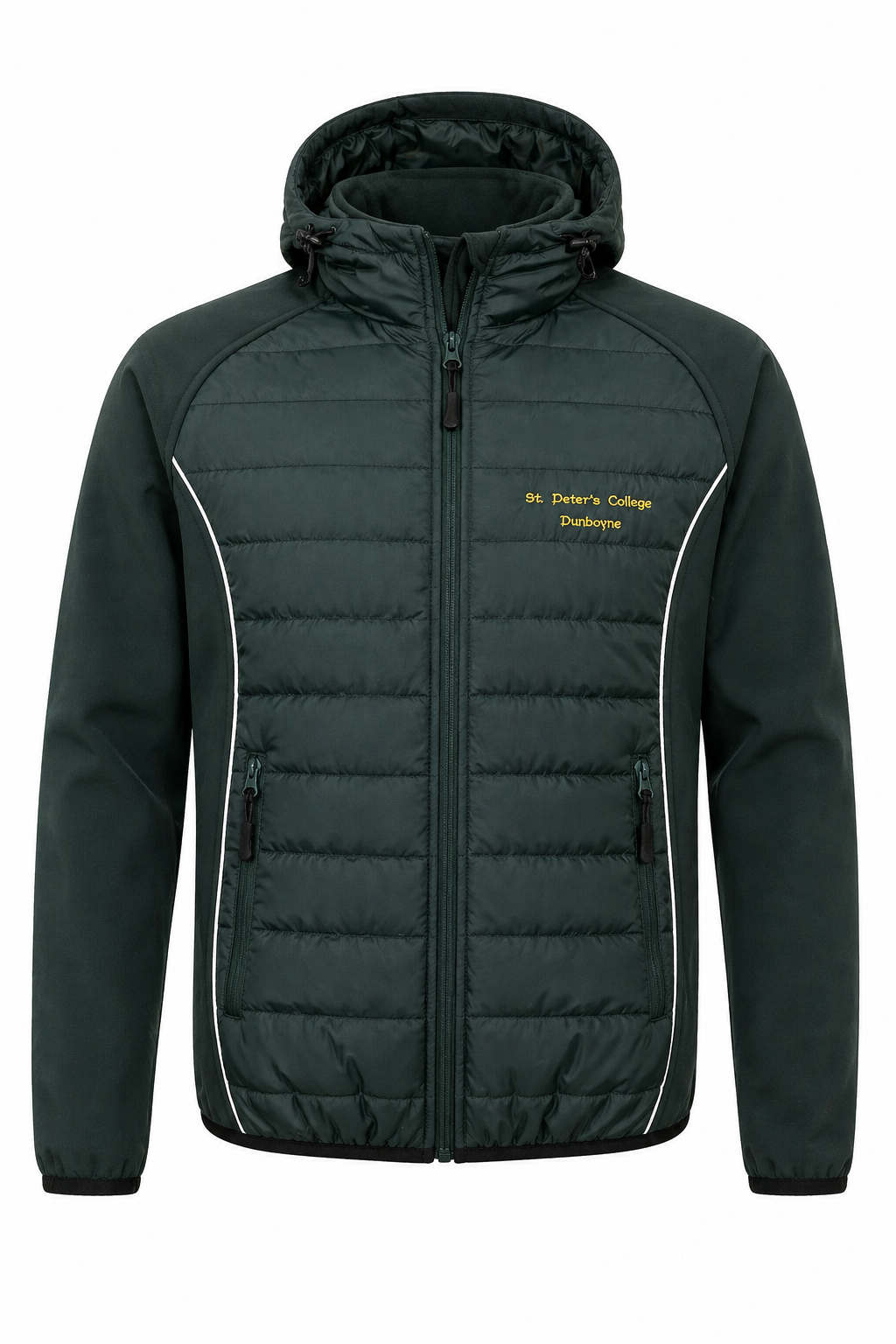 Green puffer jacket with a brand logo on a white background