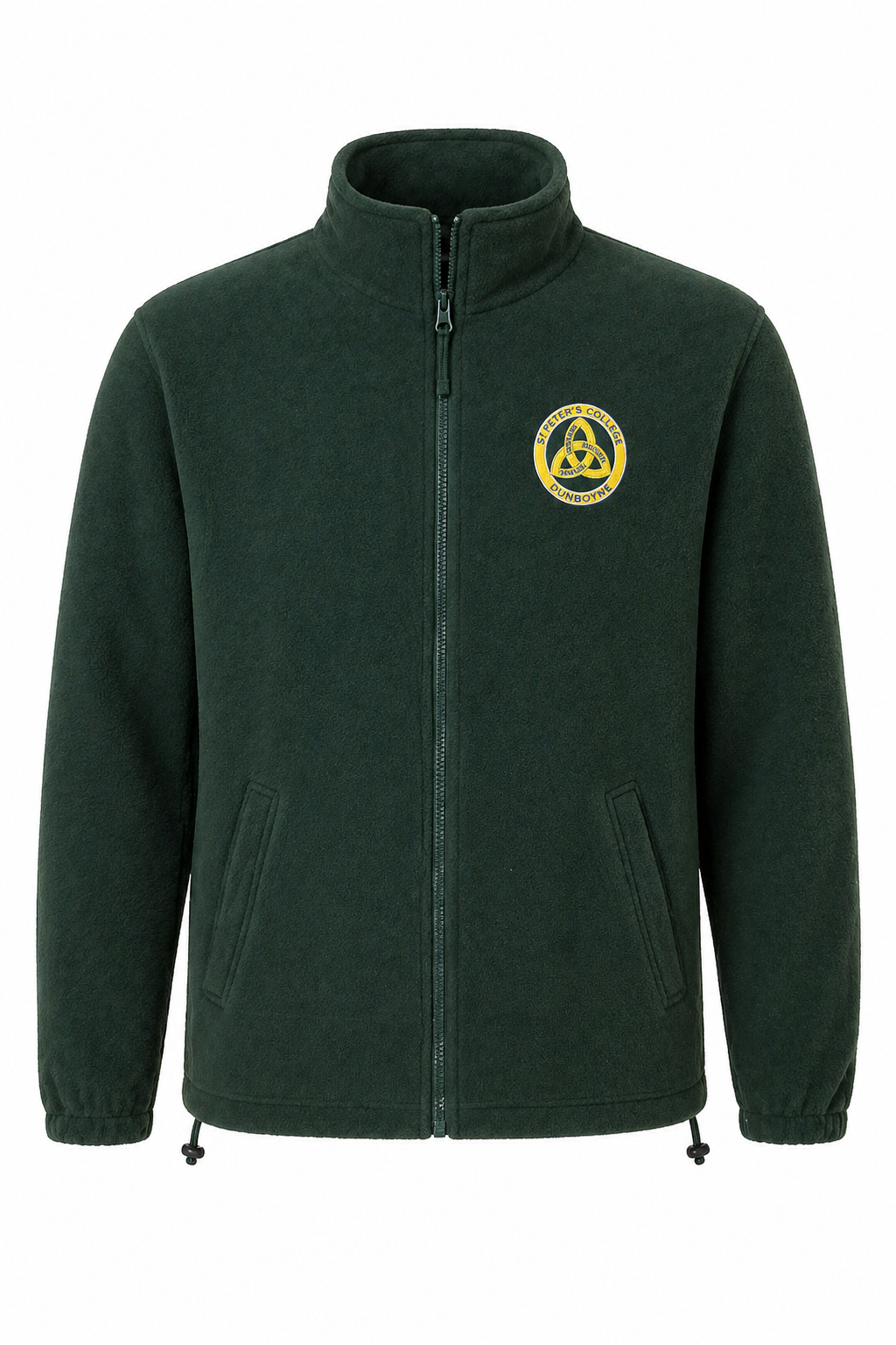 Green fleece jacket with a logo on the chest against a white background