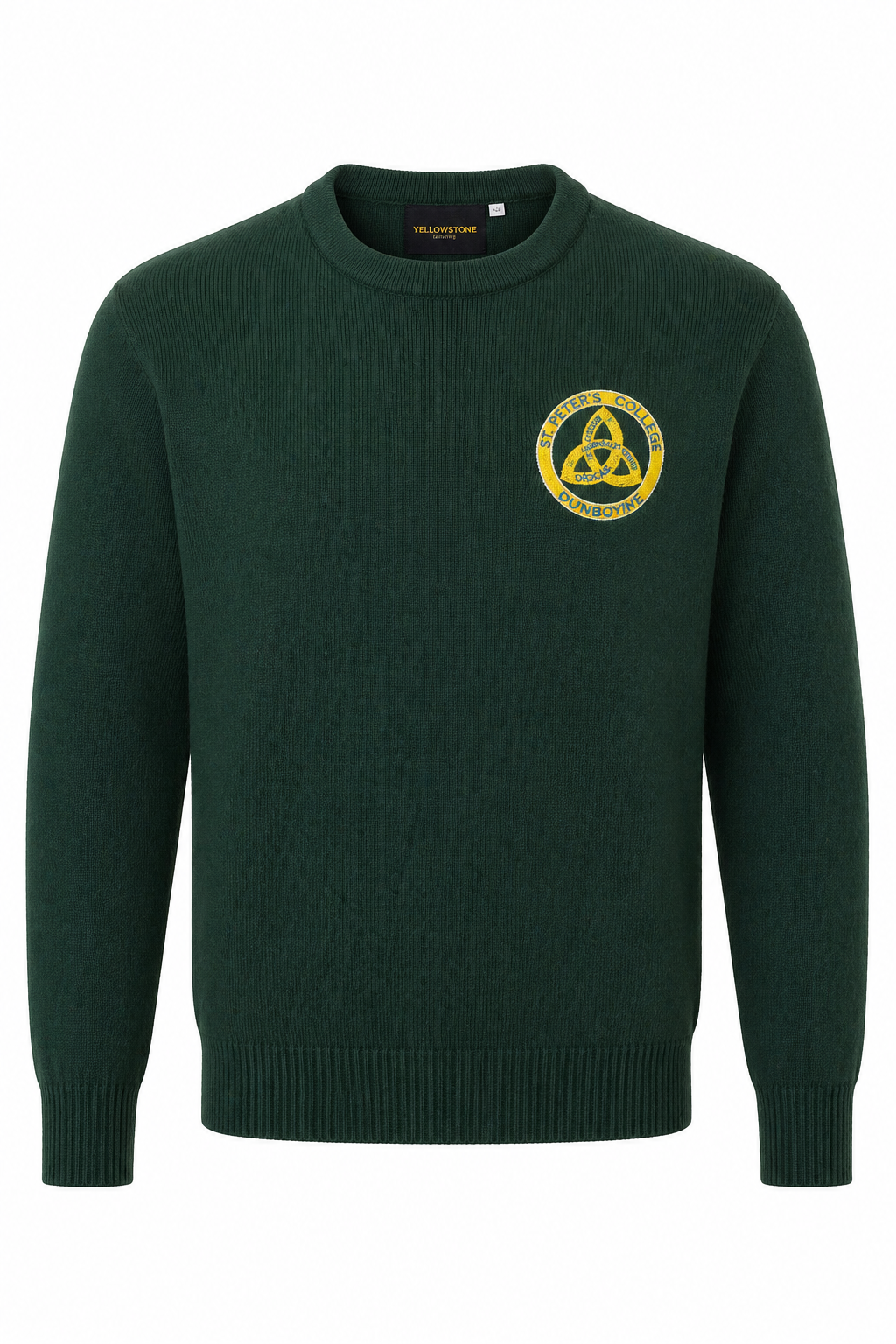 Green sweater with a yellow emblem on a white background